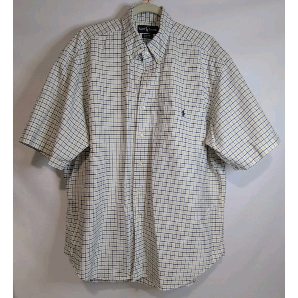 Ralph Lauren Men's Yellow Blue Plaid Button Down Short-sleeved Shirt Cotton Sz L